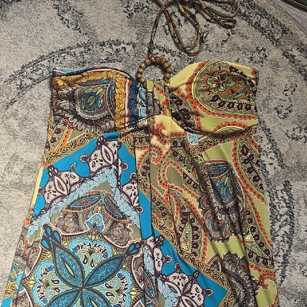 Saint Tropez West Orange, Turquoise and Brown Paisley Halter Maxi - Picture 1 of 9